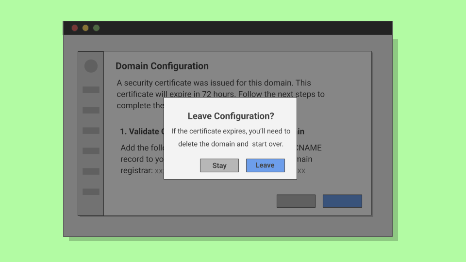 screen showing domain exit confirmation