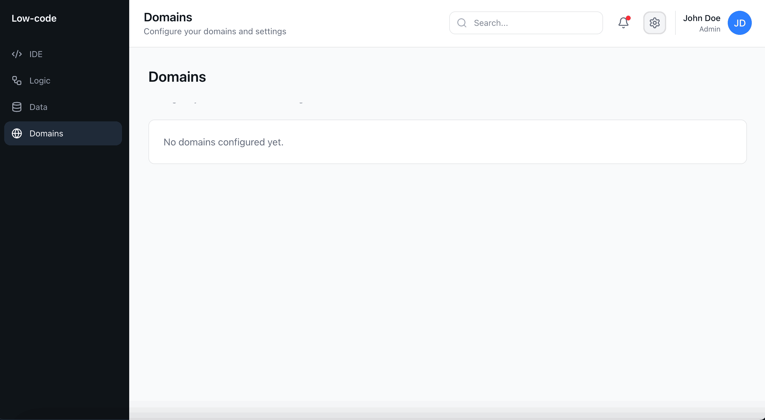 Domains management screen showing list of configured custom domains with status indicators
