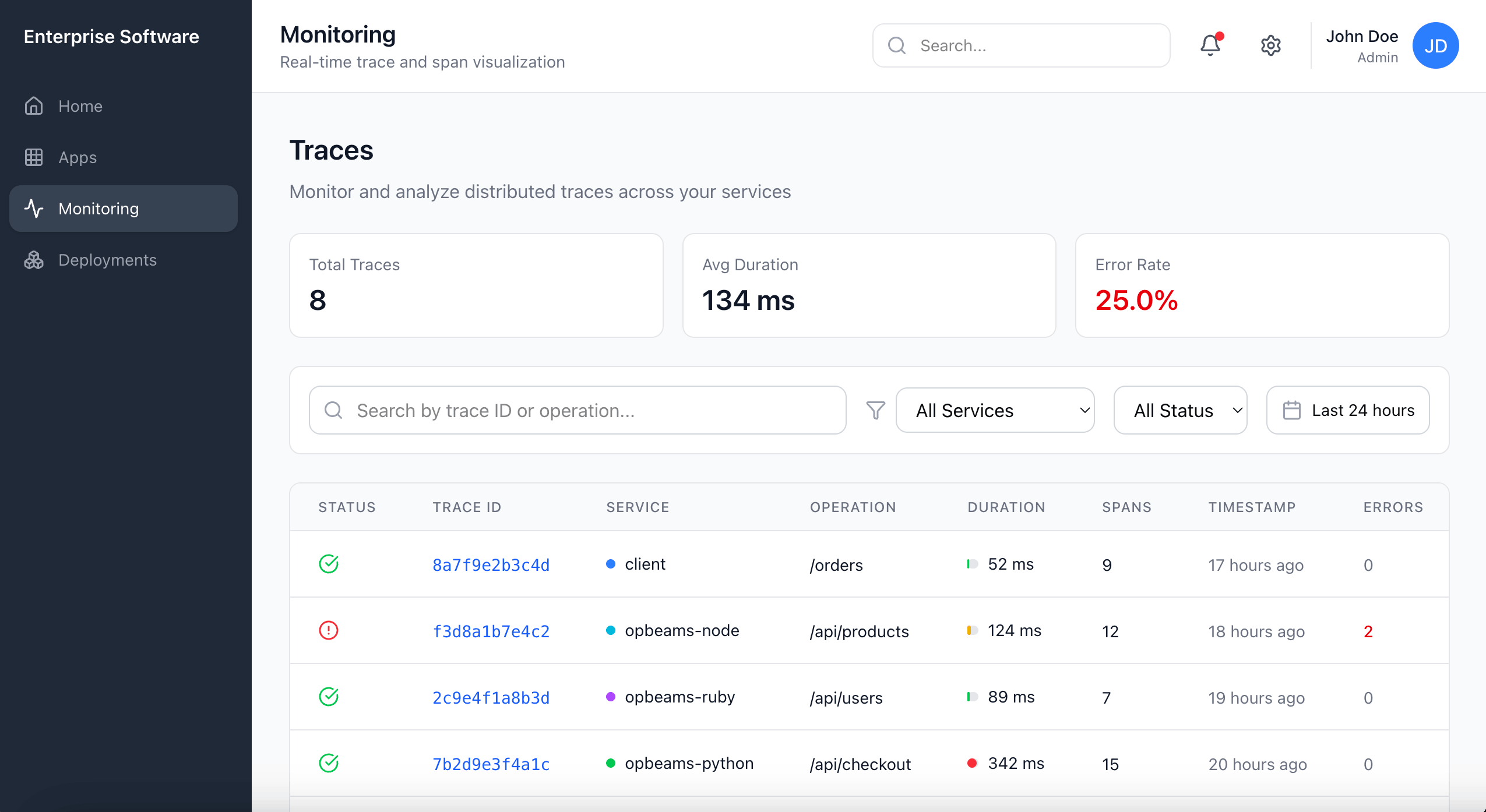 Monitoring dashboard interface showing logs and traces with inconsistent terminology